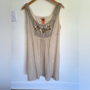 Tory Burch Orchid Flax Gold Beaded Cotton Linen Blend Dress